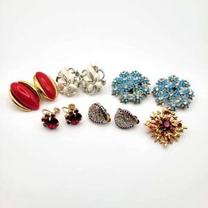 Vintage Collection of Red White, & Blue Clip on/Screw Back Earrings & Brooch